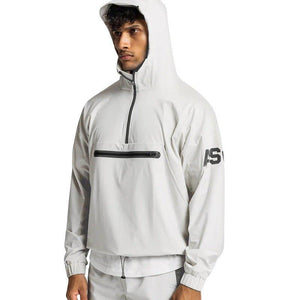Black men's MJ Room lightweight hooded windbreaker hoodie with front zipper pocket and adjustable hood.