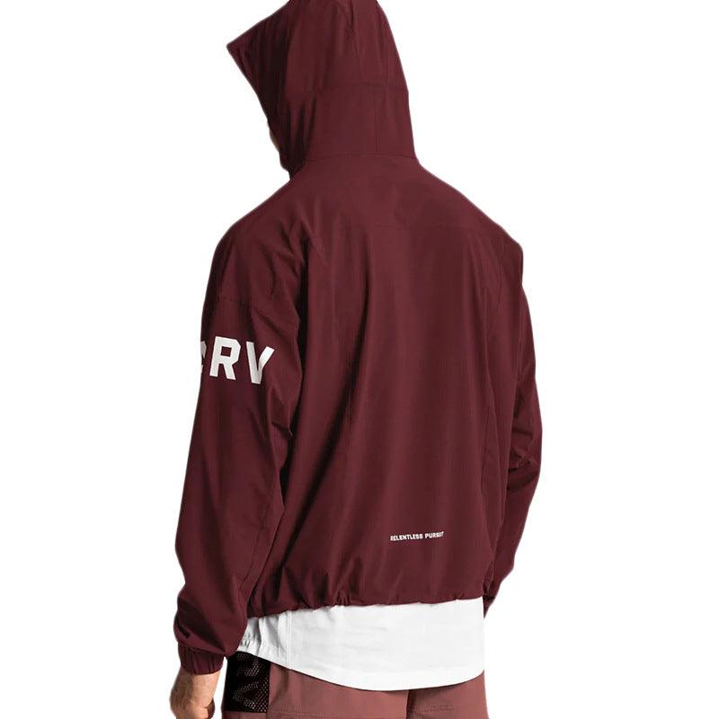 Black men's lightweight hooded windbreaker hoodie by MJ Room with front zipper pocket and adjustable hood.