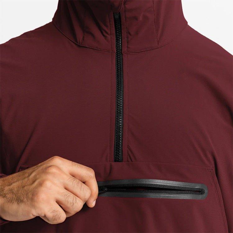 Black men's lightweight hooded windbreaker hoodie by MJ Room with front zipper pocket and adjustable hood.