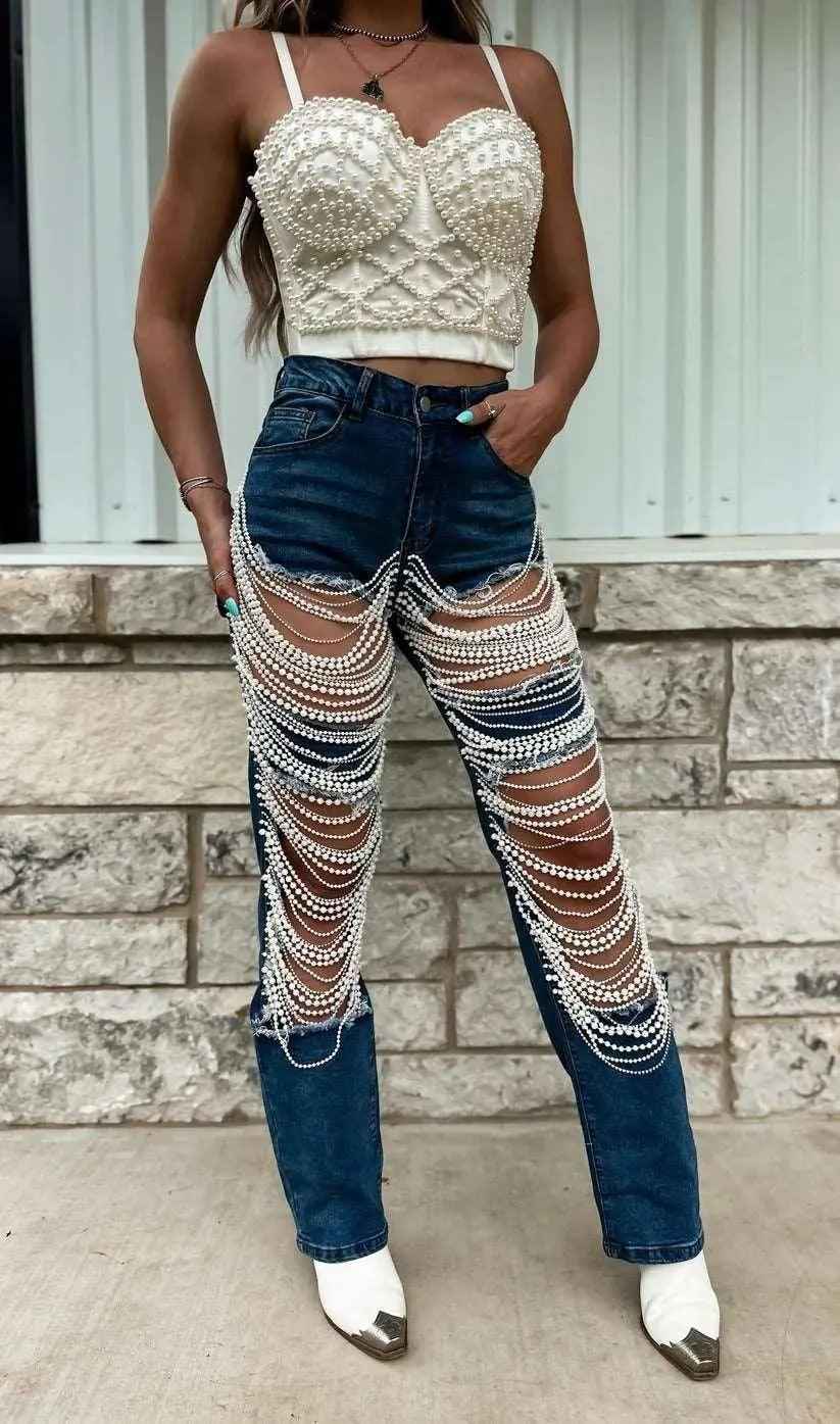 Bead Chain Jeans - MRC STOREbottomsMRC StoreBead Chain JeansMRC STORECJLY206248711KPDark Blue2XL