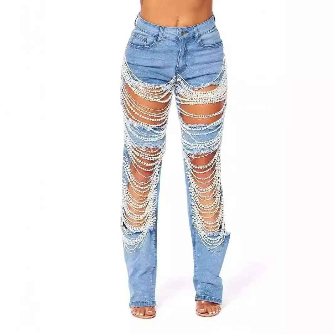 Bead Chain Jeans - MRC STOREbottomsMRC StoreBead Chain JeansMRC STORECJLY206248706FULight Blue2XL