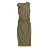 Satin Sleeveless Pleated Dress - MRC STOREDressMRC StoreGreen dress with a unique shoulder detail on a white backgroundMRC STORECJLY254098603CXArmy GreenL