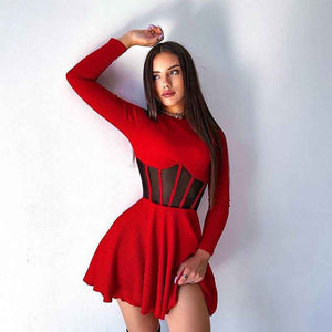 Fishbone Waist Mesh Spliced Mini Dress - MRC STOREDressMRC STOREFishbone Waist Mesh Spliced Mini DressMRC STORECJLY262697106FURedL