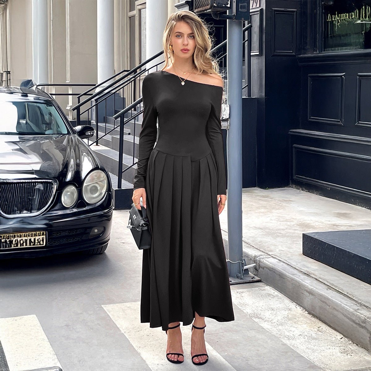High Waist Long Skirt Dress - MRC STOREDressMRC STOREWoman in a black off - shoulder dress standing on a city street with a car and building in the background.MRC STORECJLY255549803CXBlackL