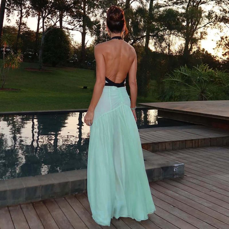Chic Halter-Neck Mesh Patchwork Maxi Dress