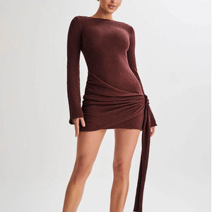Y2K Hip - Hugging V - Shaped Backless Short Dress - MRC STOREDressMRC STOREA model wearing a brown, V - shaped backless short dress with 3D effect pattern and a hip - hugging skirt.MRC STORECJLY210369109IRReddish brownL