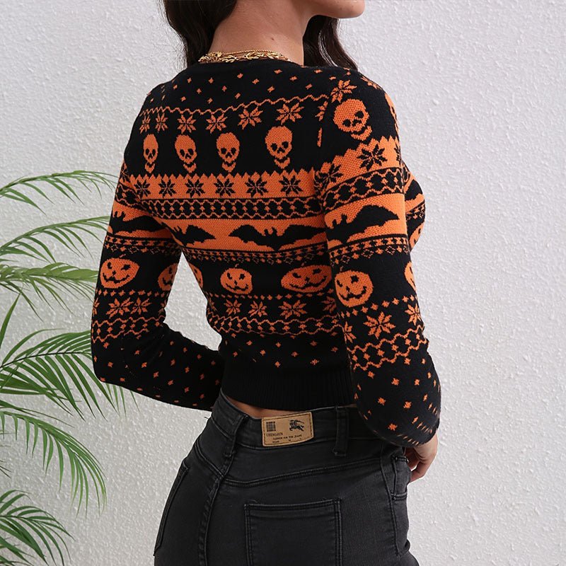 Halloween Contrast Color Jacquard Round Neck Sweater - MRC STOREHalloweenMRC STOREContrast Color Jacquard Round Neck Sweater My Store MRC STORECJMY212743303CXOrange RedL