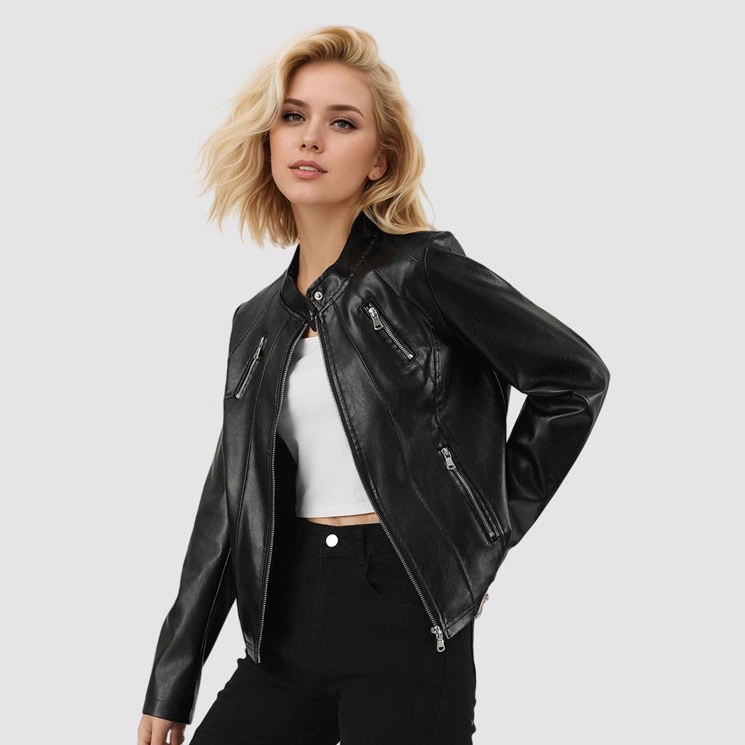 High - Grade PU Leather Jacket – Elegant & Stylish - MRC STOREJacketsMRC STOREA woman wearing a black high - grade PU leather jacket with a round neckline and long sleeves, paired with a white top and black trousers.MRC STORECJYD232404203CX1919 BlackL
