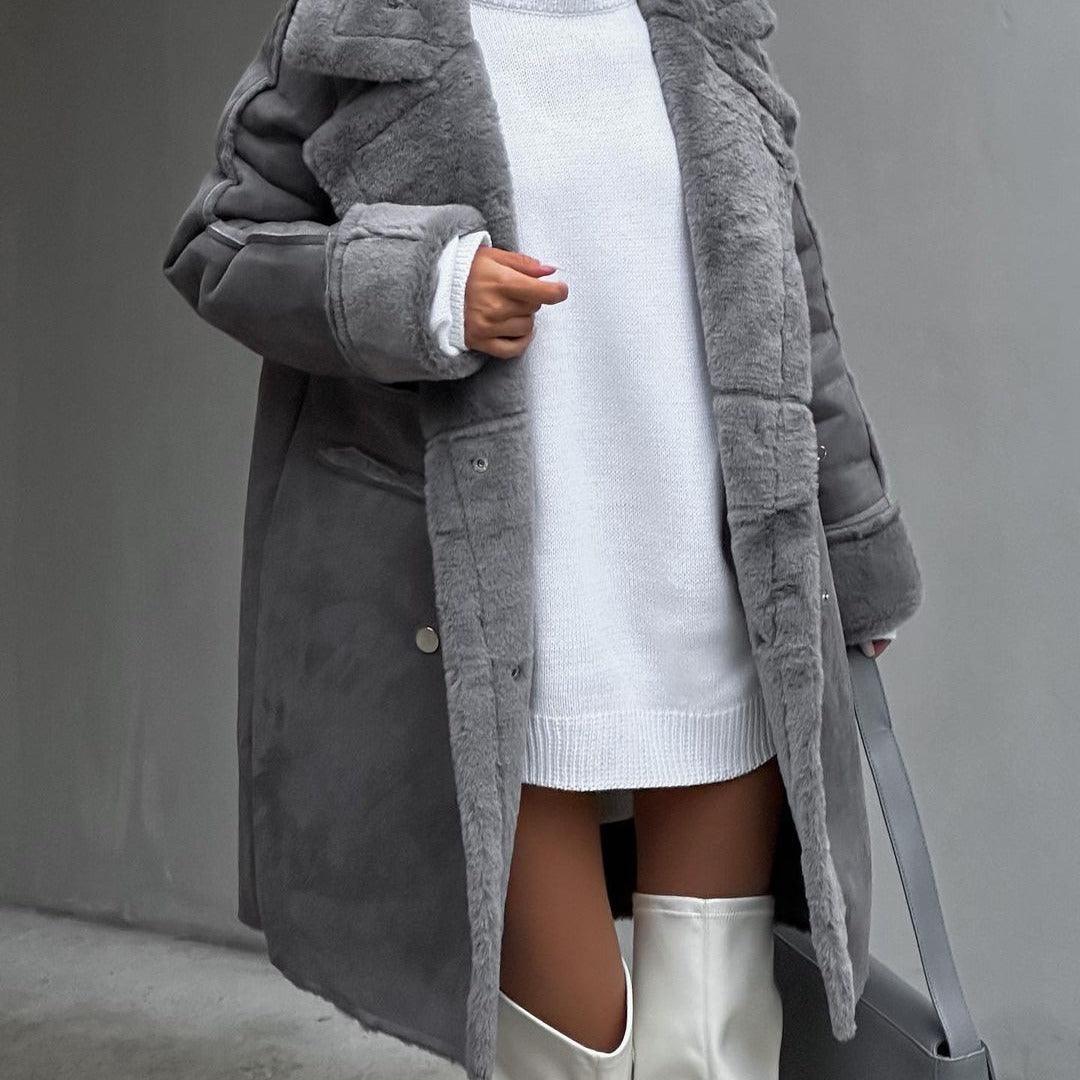 Suede Coat Suit Collar Long Cardigan - MRC STOREJacketsMRC STOREA woman wearing a long gray suede cardigan coat with a plush suit collar and metal details, paired with a white dress and white boots.MRC STORECJQB213318007GTApricotL