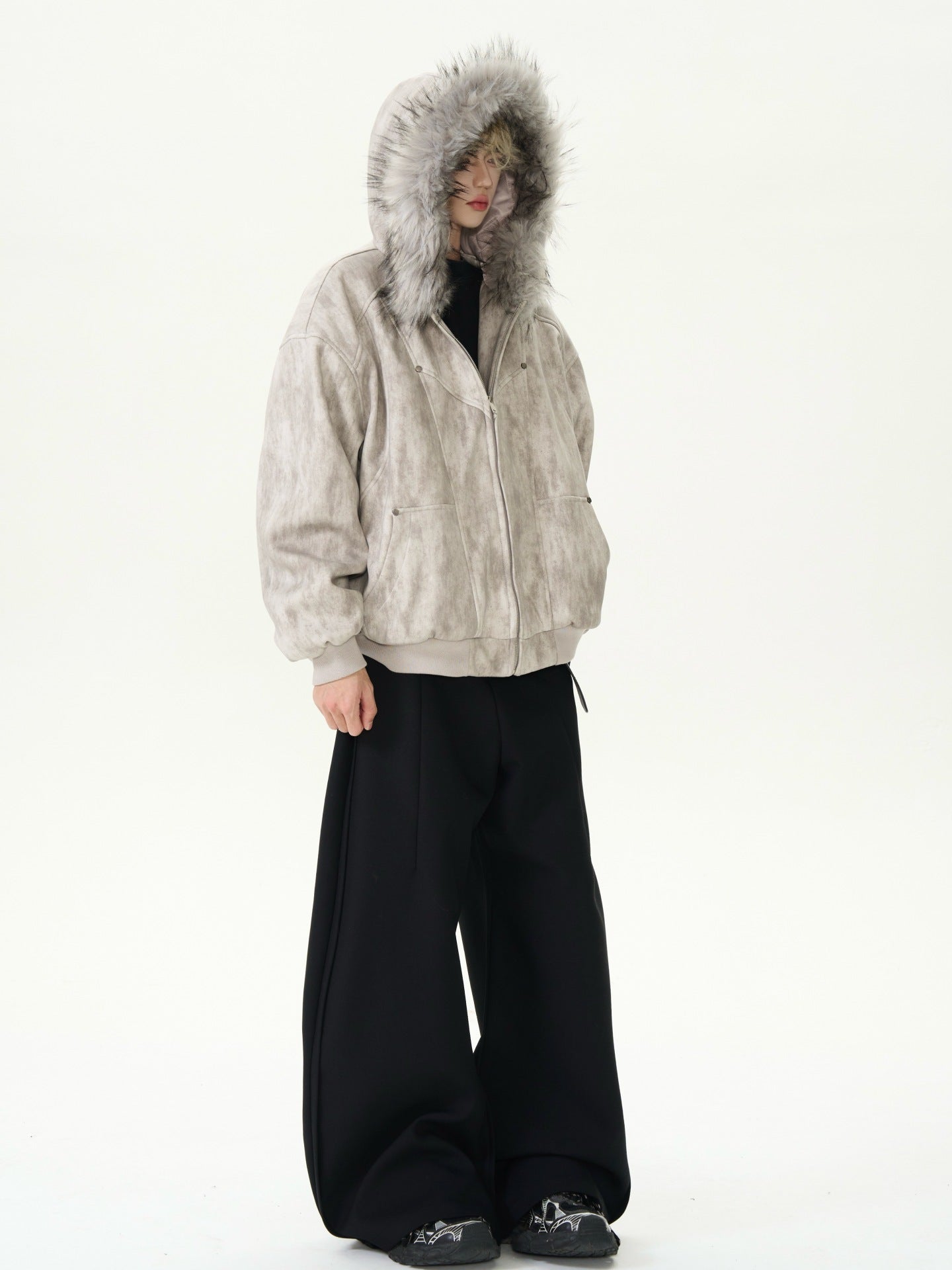 Hooded Large Fur Collar Cotton - Padded Coat - MRC STOREJacketsMRC STOREPerson wearing a beige hooded jacket with fur lining on a white backgroundMRC STORECJPK255133908HSGray2XL
