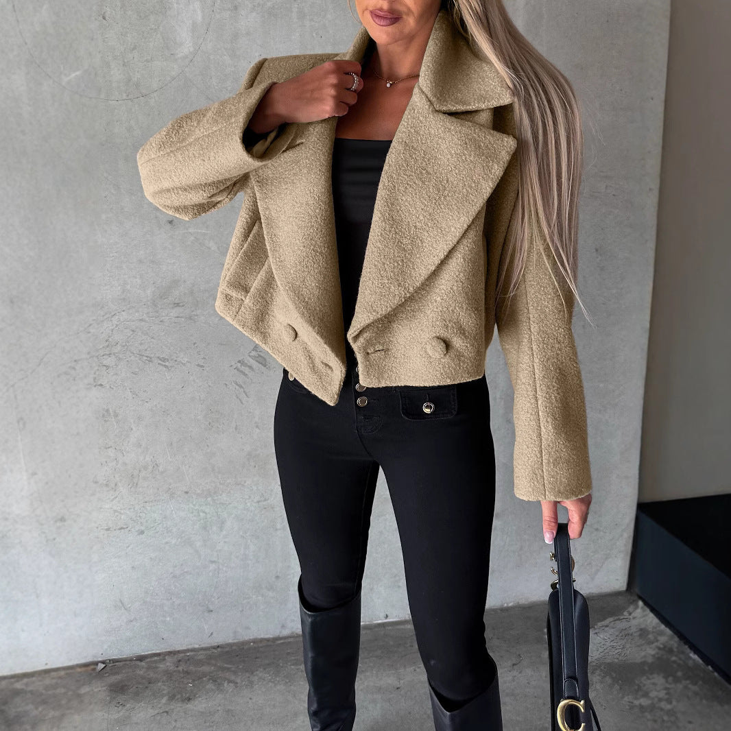 Woolen Cropped Oversized Stand Collar Coat - MRC WEAR 