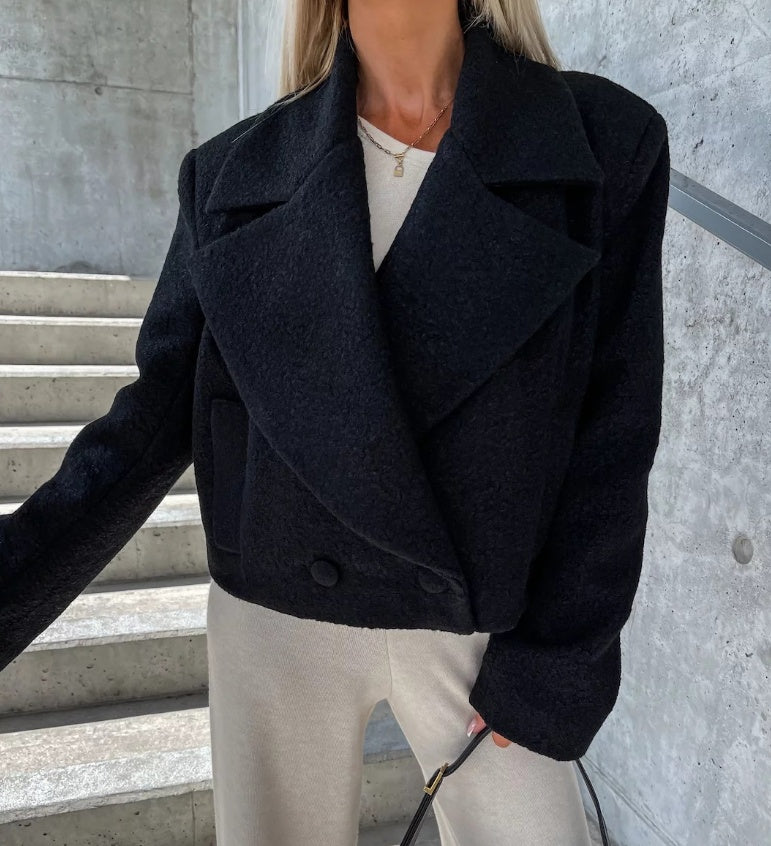 Woolen Cropped Oversized Stand Collar Coat - MRC WEAR 