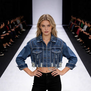Long-Sleeve Distressed Beaded Denim Jacket - MRC WEAR 