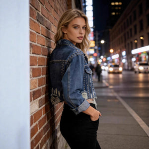 Long-Sleeve Distressed Beaded Denim Jacket - MRC WEAR 