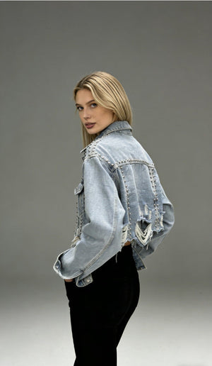 Long-Sleeve Distressed Beaded Denim Jacket - MRC WEAR 