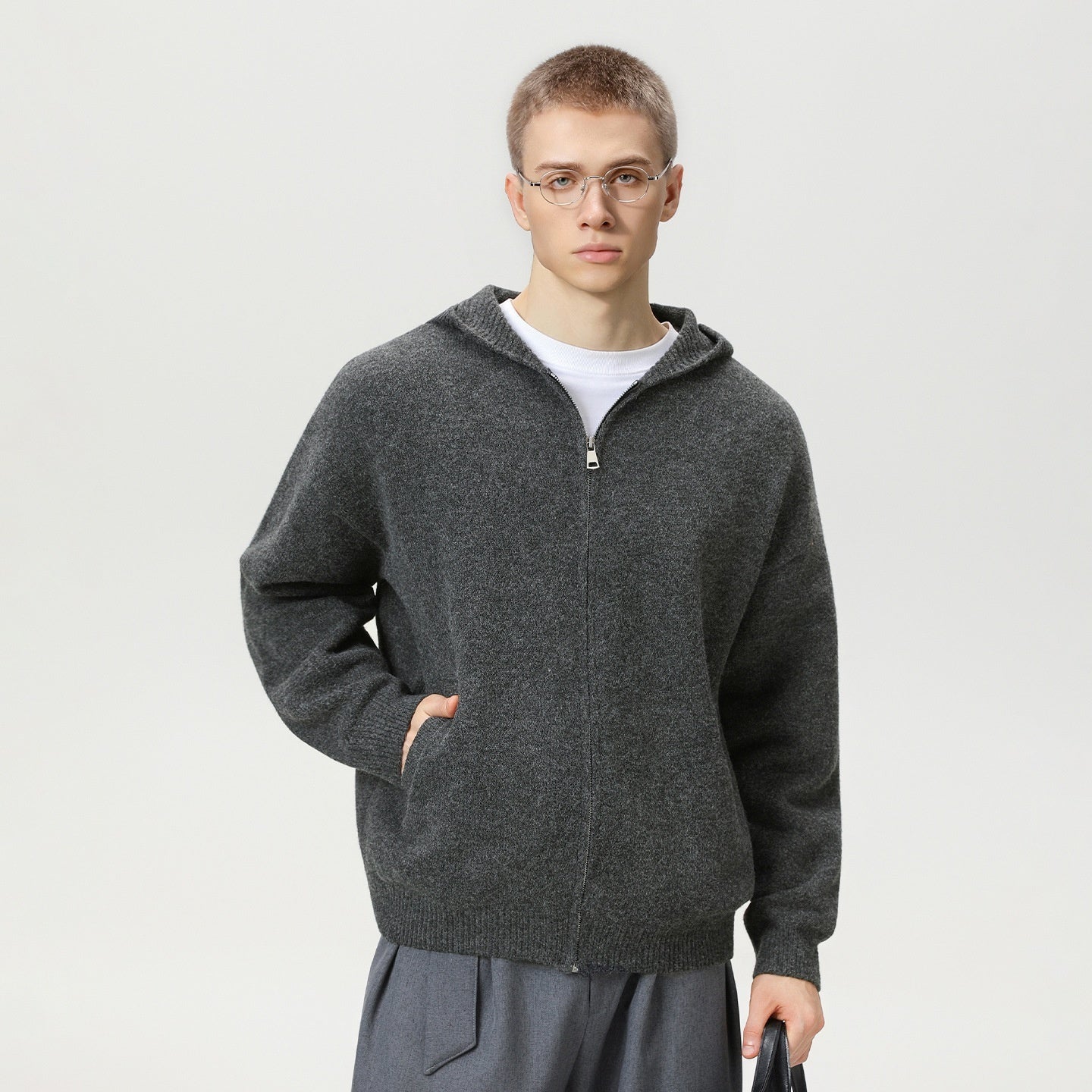 Faux Deer Velvet Retro Knit Hoodie - MRC STOREJacketsMRC STOREPerson wearing a gray zip - up hoodie on a plain backgroundMRC STORECJYD259255908HSCarbon Gray2XL
