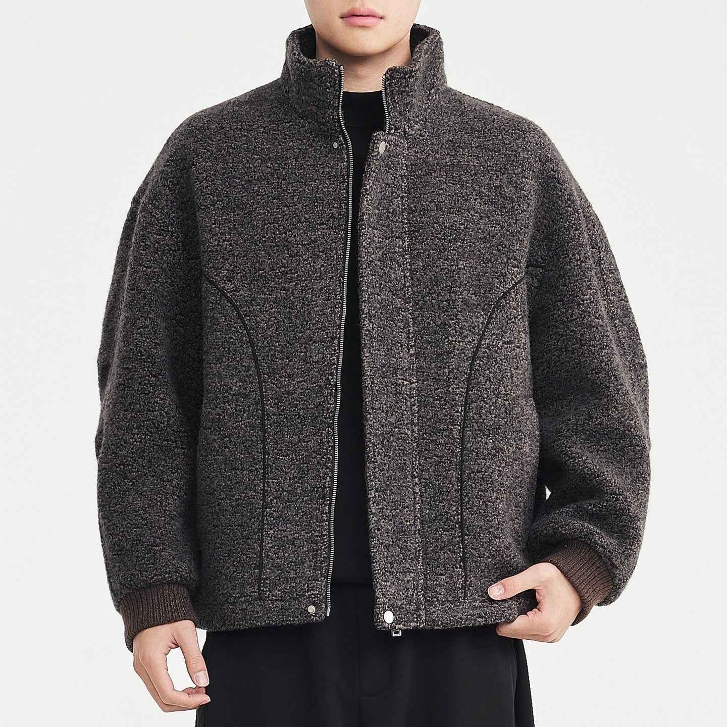 Wool Circle-Weave Stand Collar Overcoat - MRC WEAR 