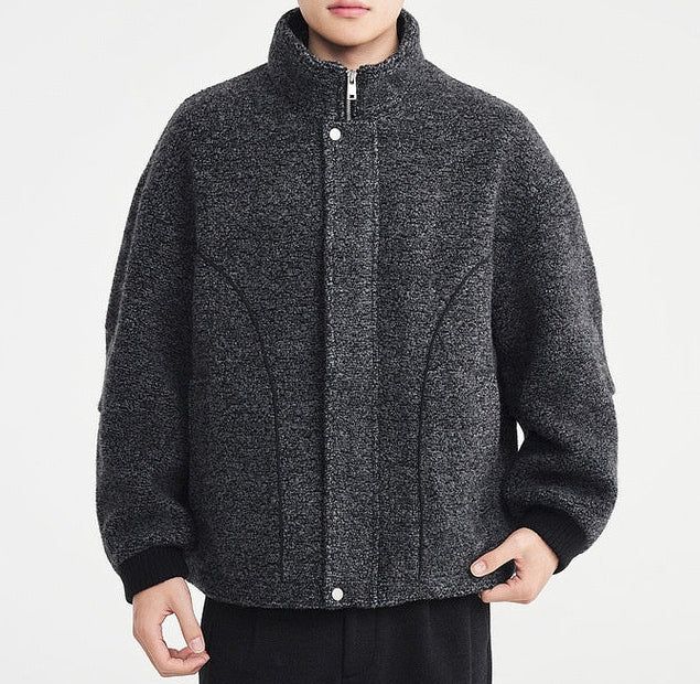 Wool Circle-Weave Stand Collar Overcoat - MRC WEAR 