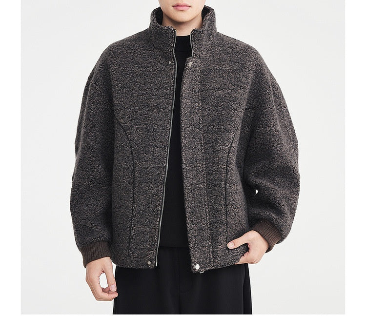 Wool Circle-Weave Stand Collar Overcoat - MRC WEAR 