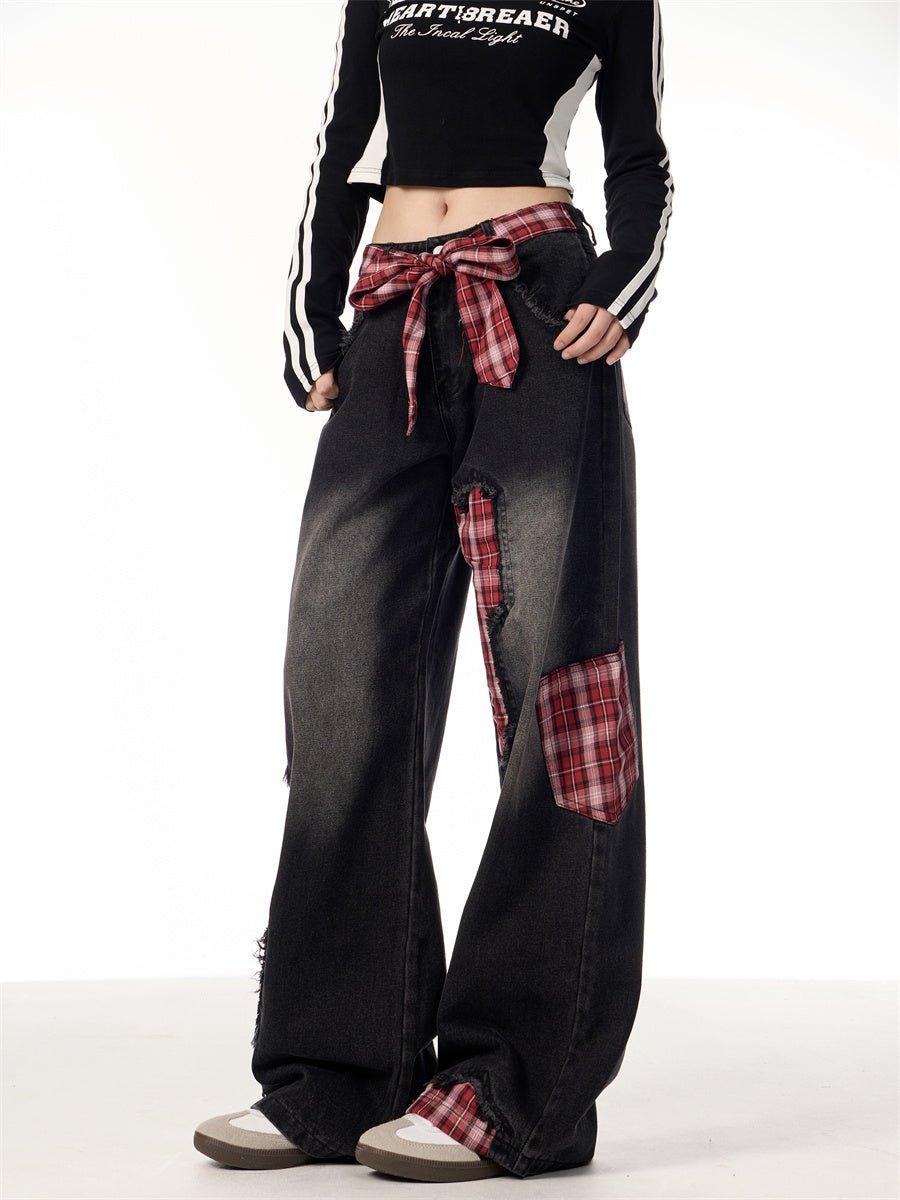 Plaid Stitching Wide Leg Jeans with Bowknot - MRC STOREjeansMRC STOREPlaid Stitching Wide Leg Jeans with Bowknot – Sweet & Trendy - MRC STOREMRC STORECJXX219845207GTBlackL