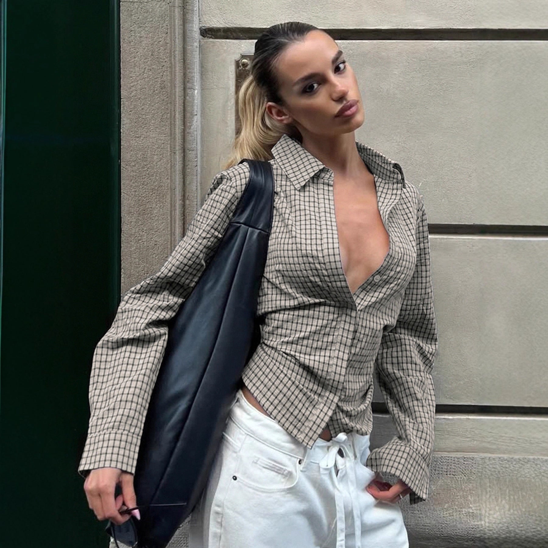 Retro Plaid Tie-Waist Long Sleeve Shirt - MRC WEAR 