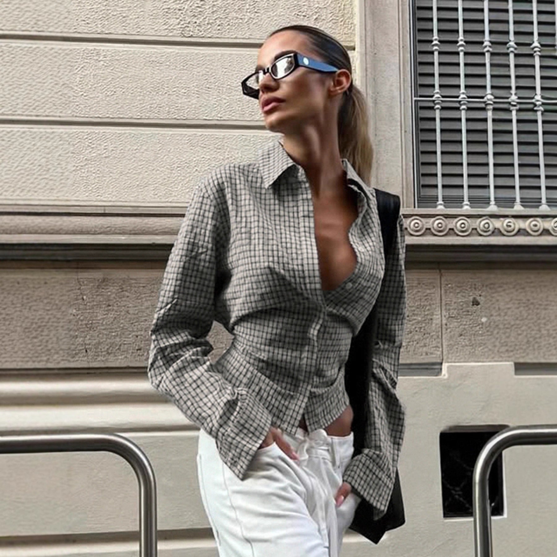 Retro Plaid Tie-Waist Long Sleeve Shirt - MRC WEAR 