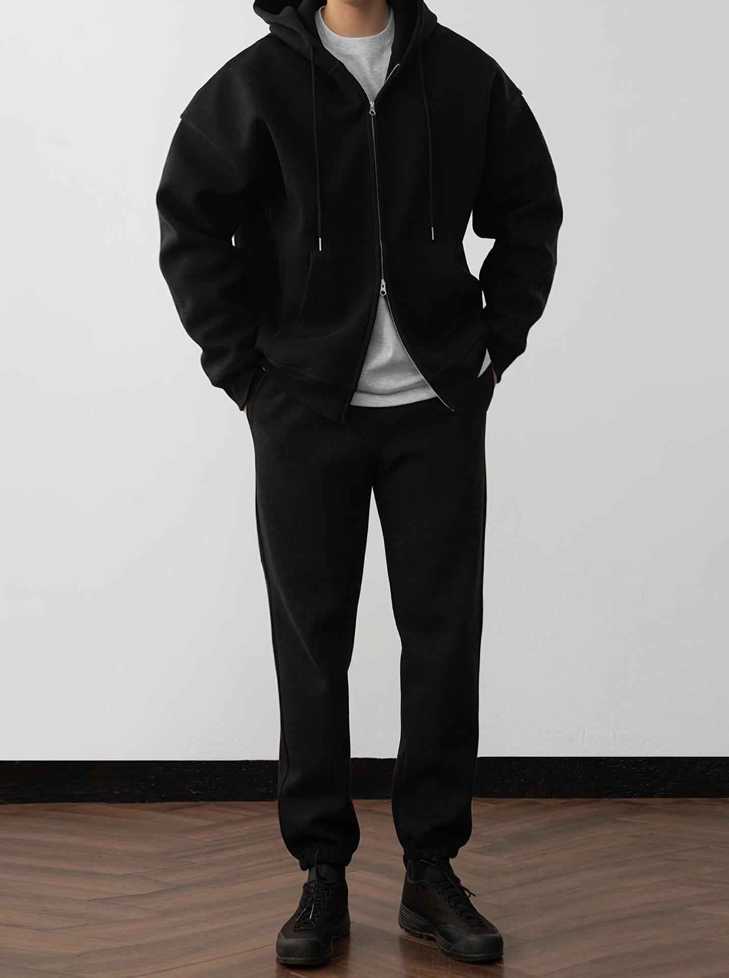 Loose - Fit Solid Color Hoodie Tracksuit Set - MRC STOREOutfit setMRC STORELoose - Fit Solid Color Hoodie Tracksuit SetMRC STORECJWY263352705EVBlack2XL