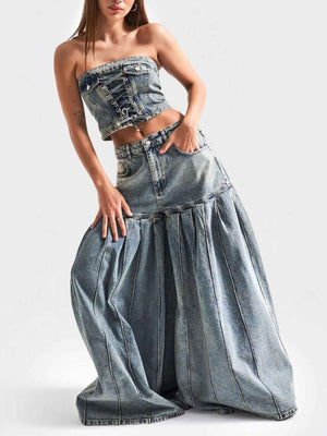 Strapless Denim Corset & Pleated Wide - Leg Set - MRC STOREsetMRC STOREStrapless Denim Corset & Pleated Wide - Leg SetMRC STORECJTZ237629905EVBlue2XL