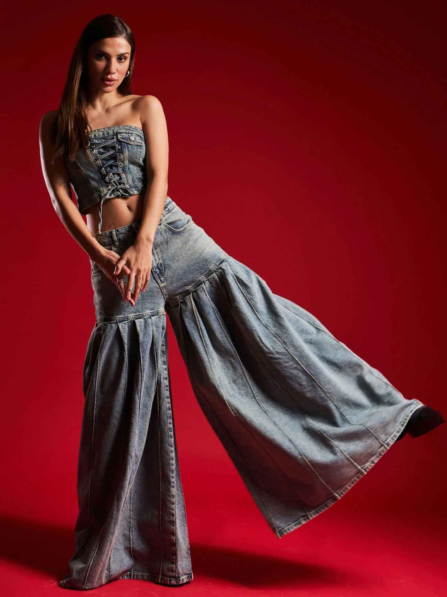 Strapless Denim Corset & Pleated Wide - Leg Set - MRC STOREsetMRC STOREStrapless Denim Corset & Pleated Wide - Leg SetMRC STORECJTZ237629905EVBlue2XL