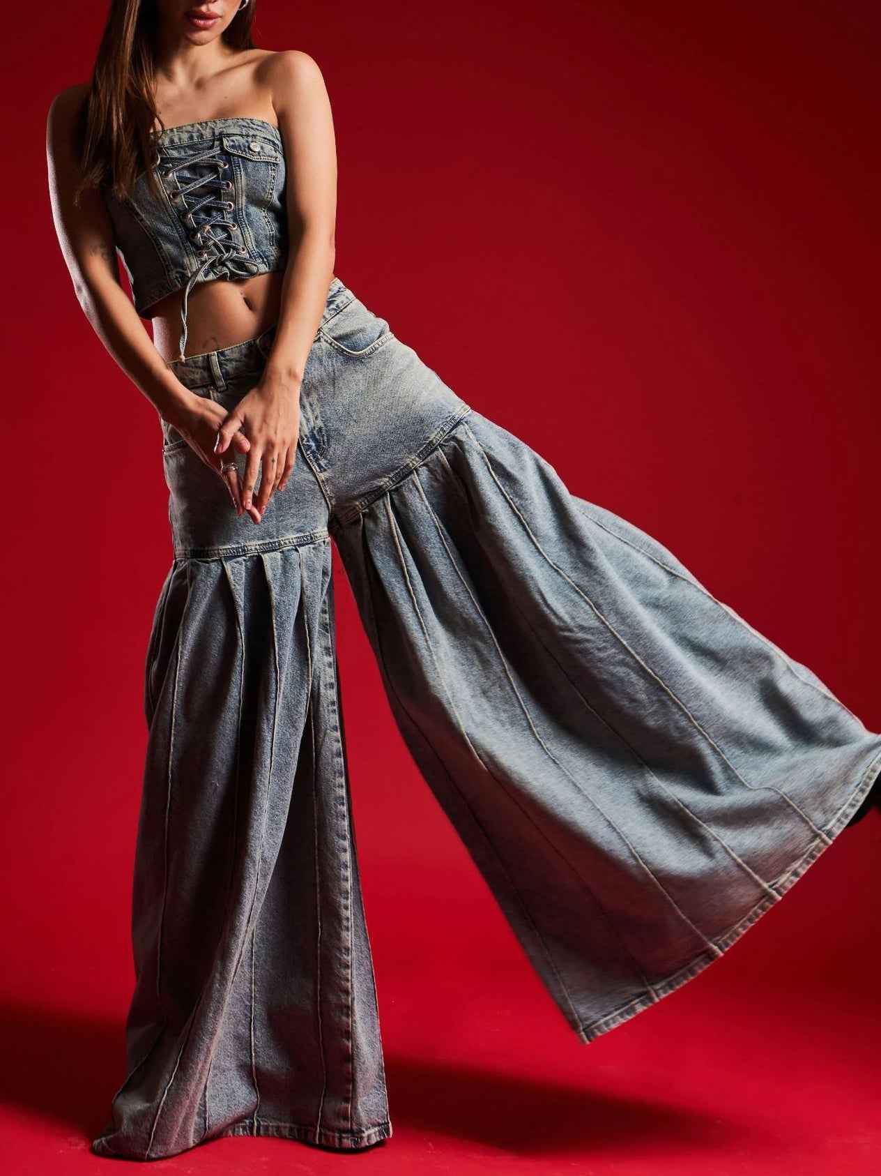 Strapless Denim Corset & Pleated Wide - Leg Set - MRC STOREsetMRC STOREStrapless Denim Corset & Pleated Wide - Leg SetMRC STORECJTZ237629905EVBlue2XL