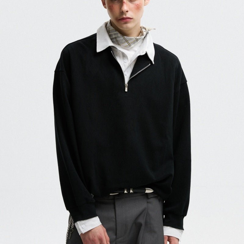 Two - Piece Polo Collar Pullover - MRC STOREsweaterMRC STOREPerson wearing a black sweater over a white shirt with a plaid collar against a light gray backgroundMRC STORECJWY260024211KPBlack2XL