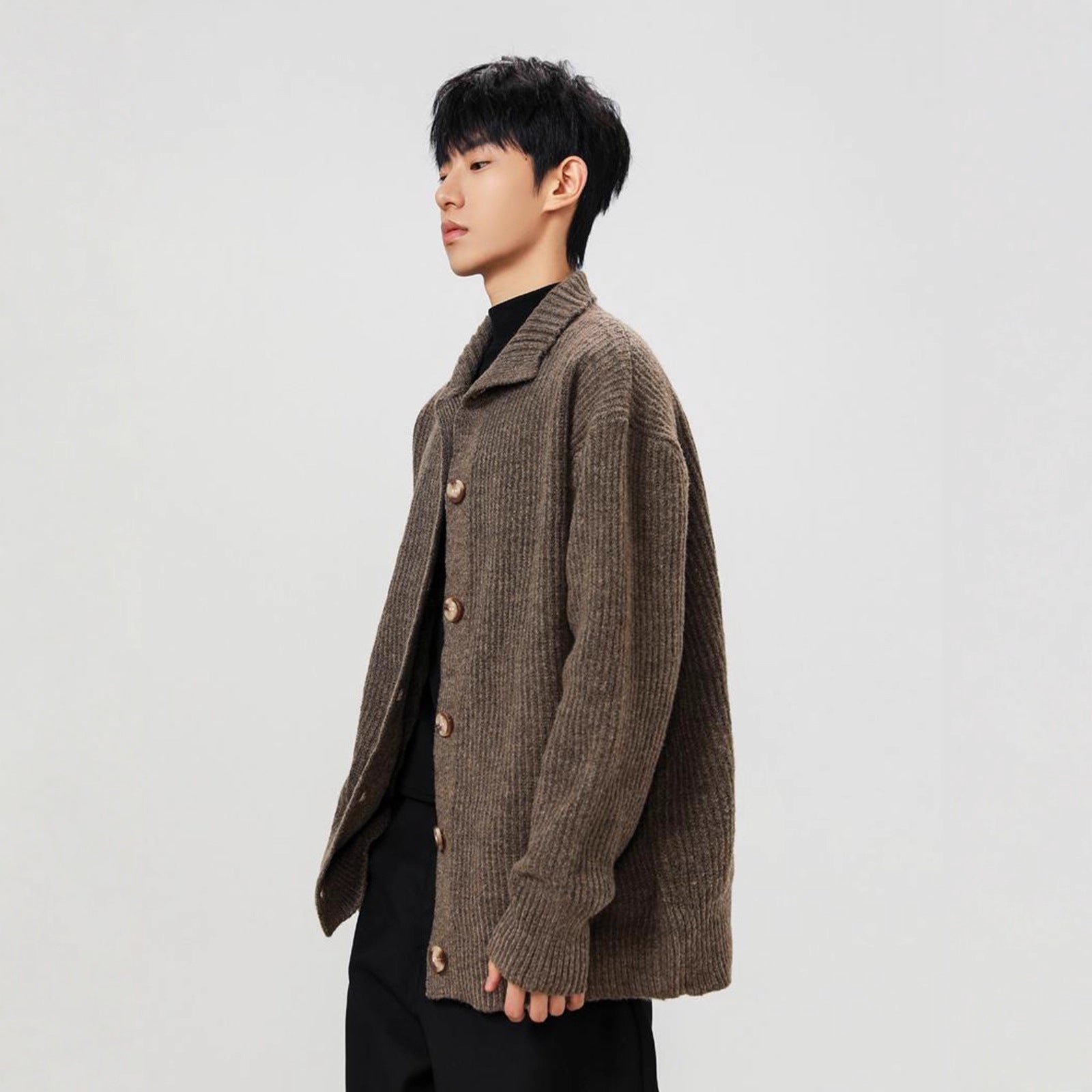 American Style Coffee Colored Stand-Up Collar Knit Coat - MRC WEAR 