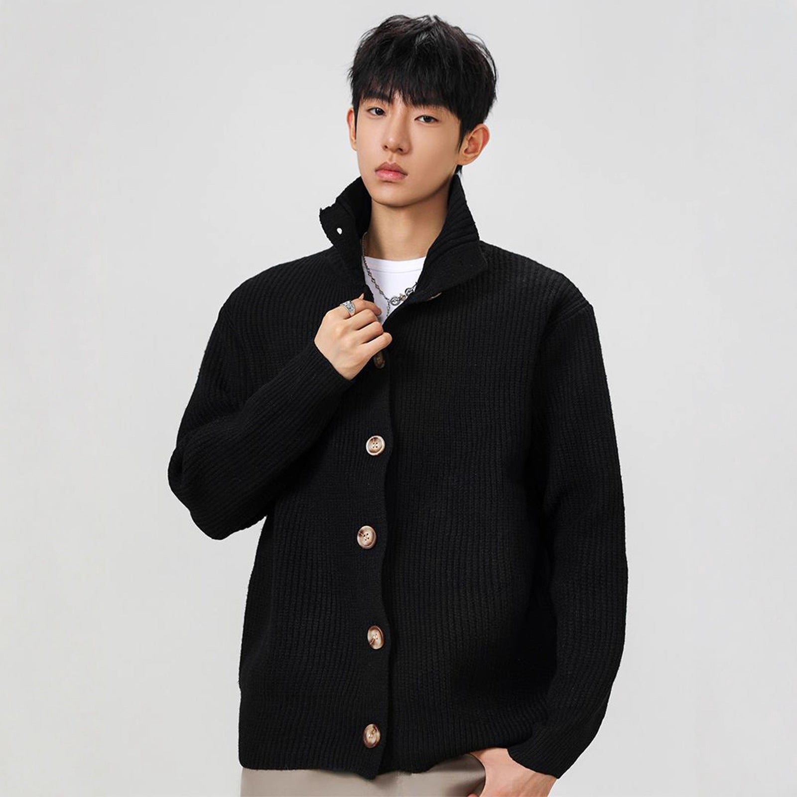 American Style Coffee Colored Stand-Up Collar Knit Coat - MRC WEAR 