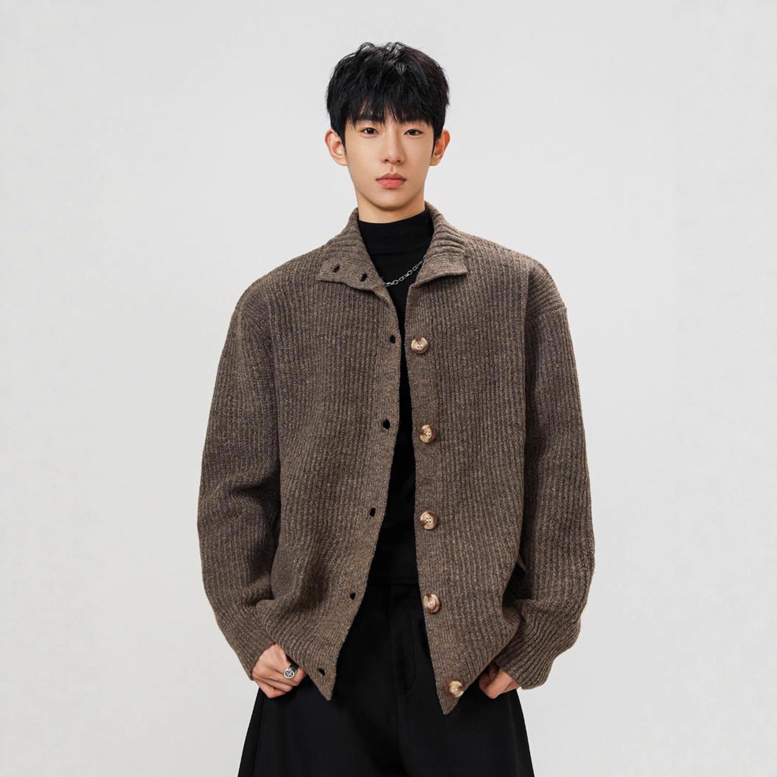 American Style Coffee Colored Stand-Up Collar Knit Coat - MRC WEAR 