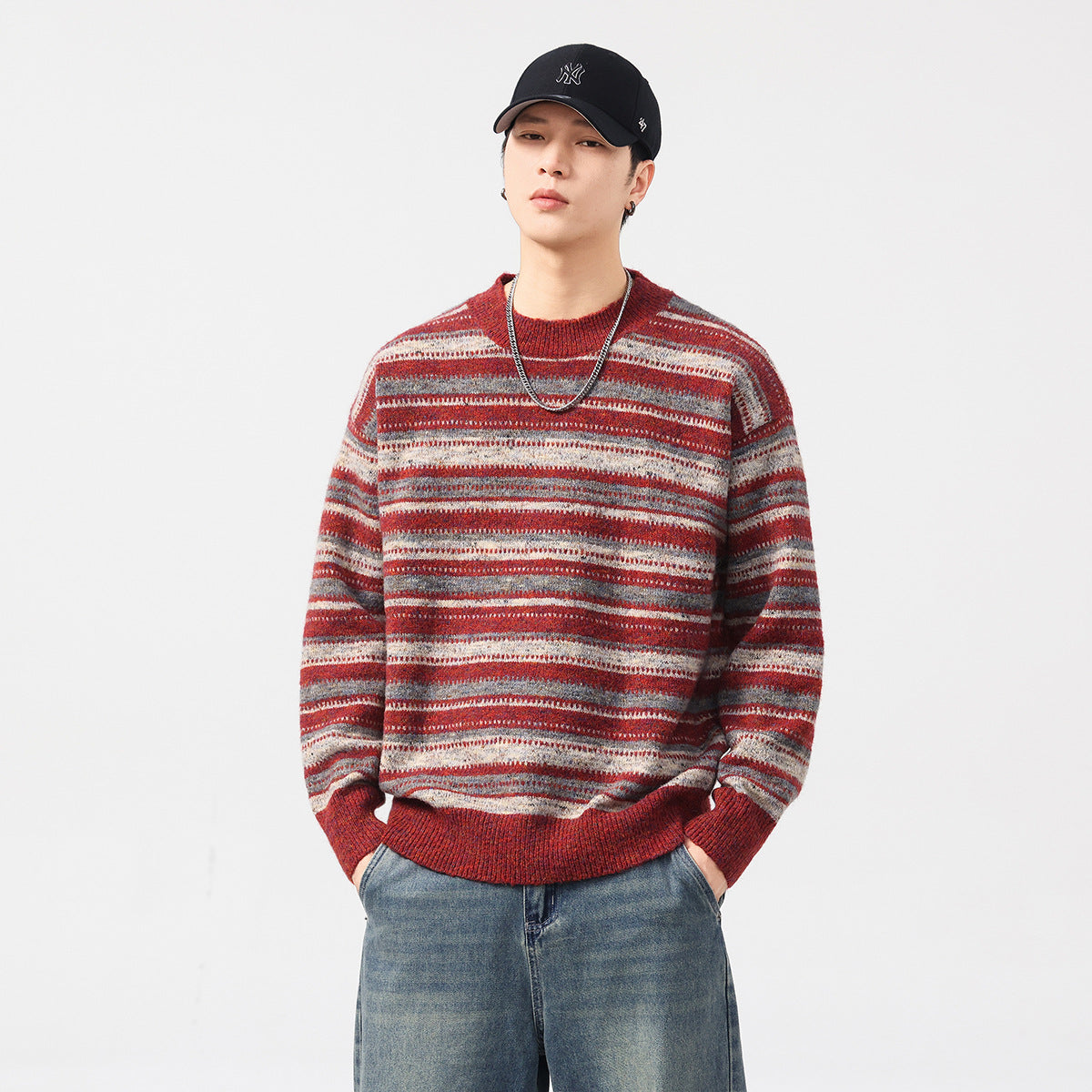 Loose Fit Retro Striped Crew-Neck Knitwear Sweater - MRC WEAR 