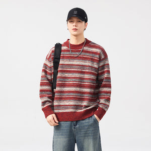 Loose Fit Retro Striped Crew-Neck Knitwear Sweater - MRC WEAR 