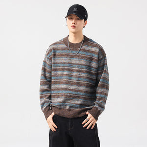 Loose Fit Retro Striped Crew-Neck Knitwear Sweater - MRC WEAR 