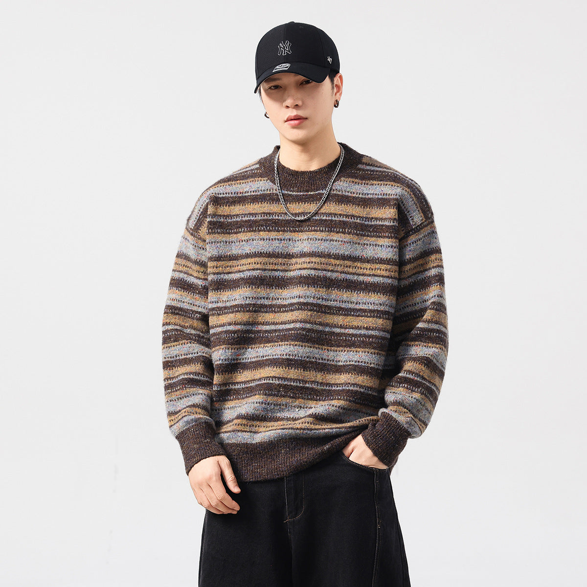Loose Fit Retro Striped Crew-Neck Knitwear Sweater - MRC WEAR 