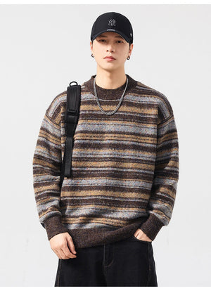 Loose Fit Retro Striped Crew-Neck Knitwear Sweater - MRC WEAR 
