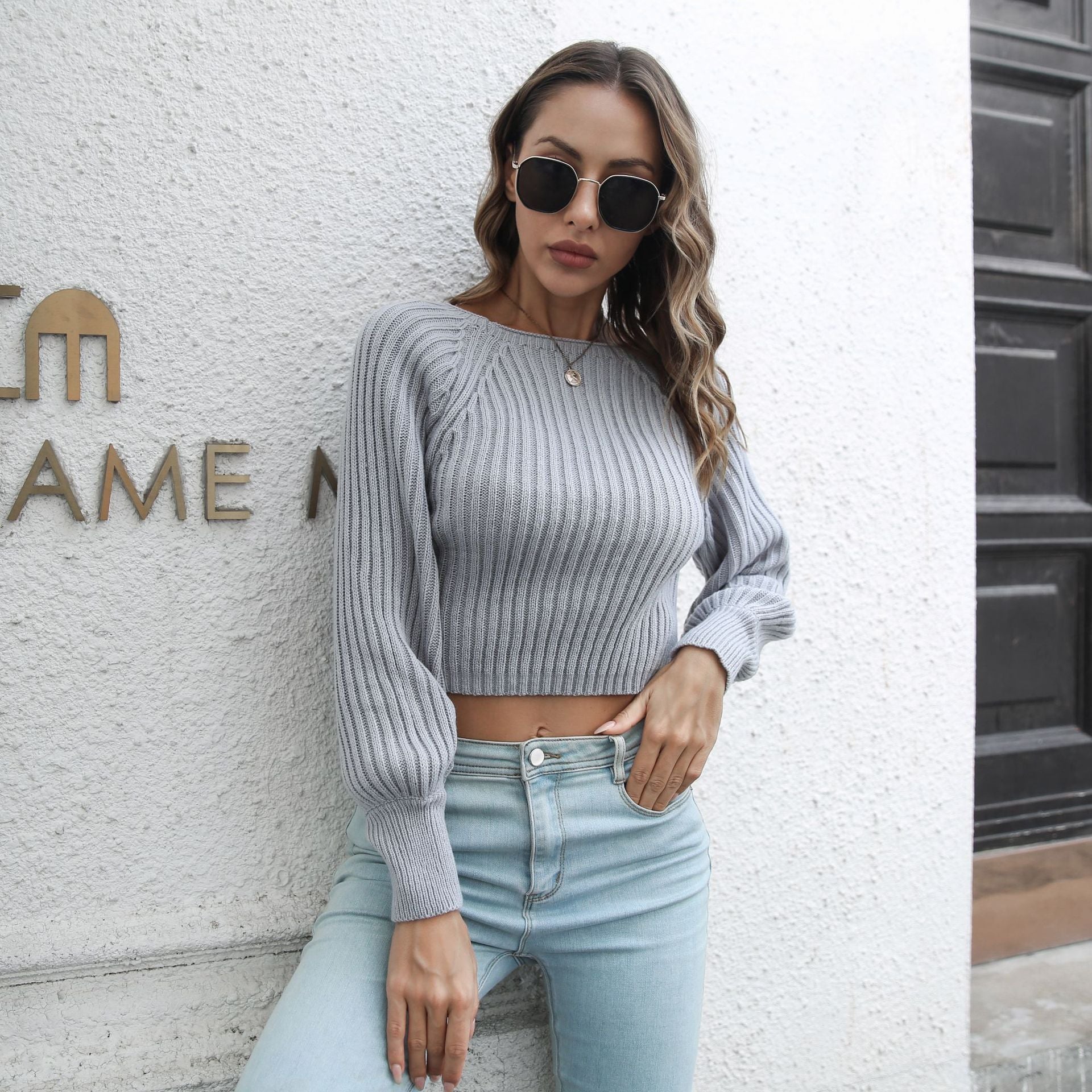 Sunken Stripe Raglan Sleeve Short Sweater - MRC STOREsweaterMRC STORESunken Stripe Raglan Sleeve Short SweaterMRC STORECJMY255228603CXGrayL