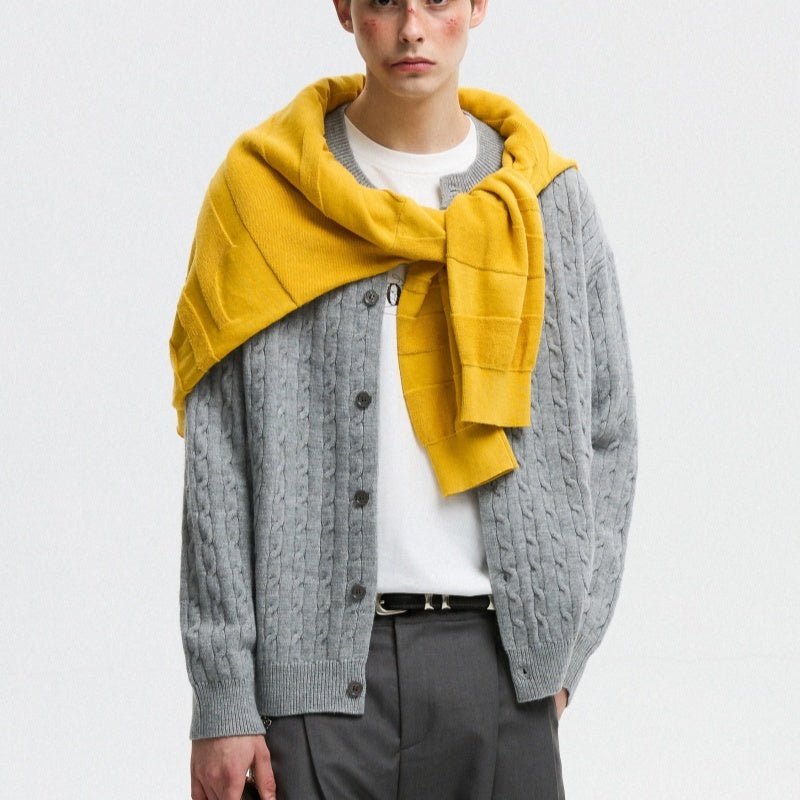 Unisex Twisted Solid Color Sweater Cardigan - MRC STORESweaters & HoodiesMRC STOREPerson wearing a gray cable knit cardigan with a yellow scarf on a white backgroundMRC STORECJWY259534415OLNavy Blue2XL