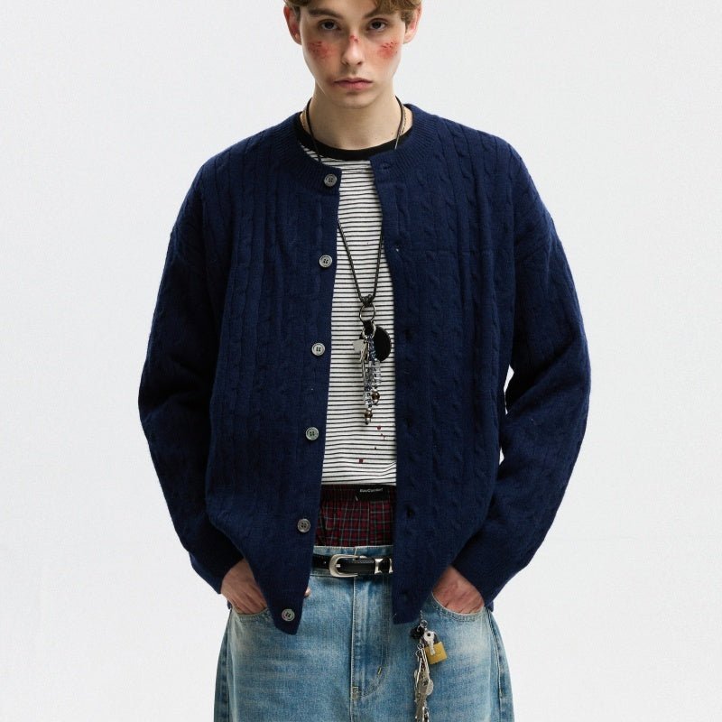 Unisex Twisted Solid Color Sweater Cardigan - MRC STORESweaters & HoodiesMRC STOREPerson wearing a navy blue cardigan over a striped shirt with a plain backgroundMRC STORECJWY259534415OLNavy Blue2XL