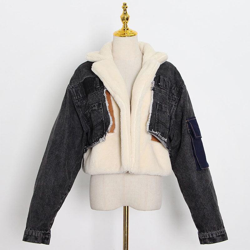 Fashion Stitching Loose Denim Lamb Wool Short Coat - MRC STORETopMRC STOREA woman wearing a casual denims jacket with sheep wool lining, in a color block style, featuring black and beige colors.MRC STORECJYD187641103CXBlackL