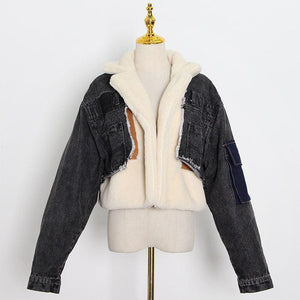 Fashion Stitching Loose Denim Lamb Wool Short Coat - MRC STORETopMRC STOREA woman wearing a casual denims jacket with sheep wool lining, in a color block style, featuring black and beige colors.MRC STORECJYD187641103CXBlackL