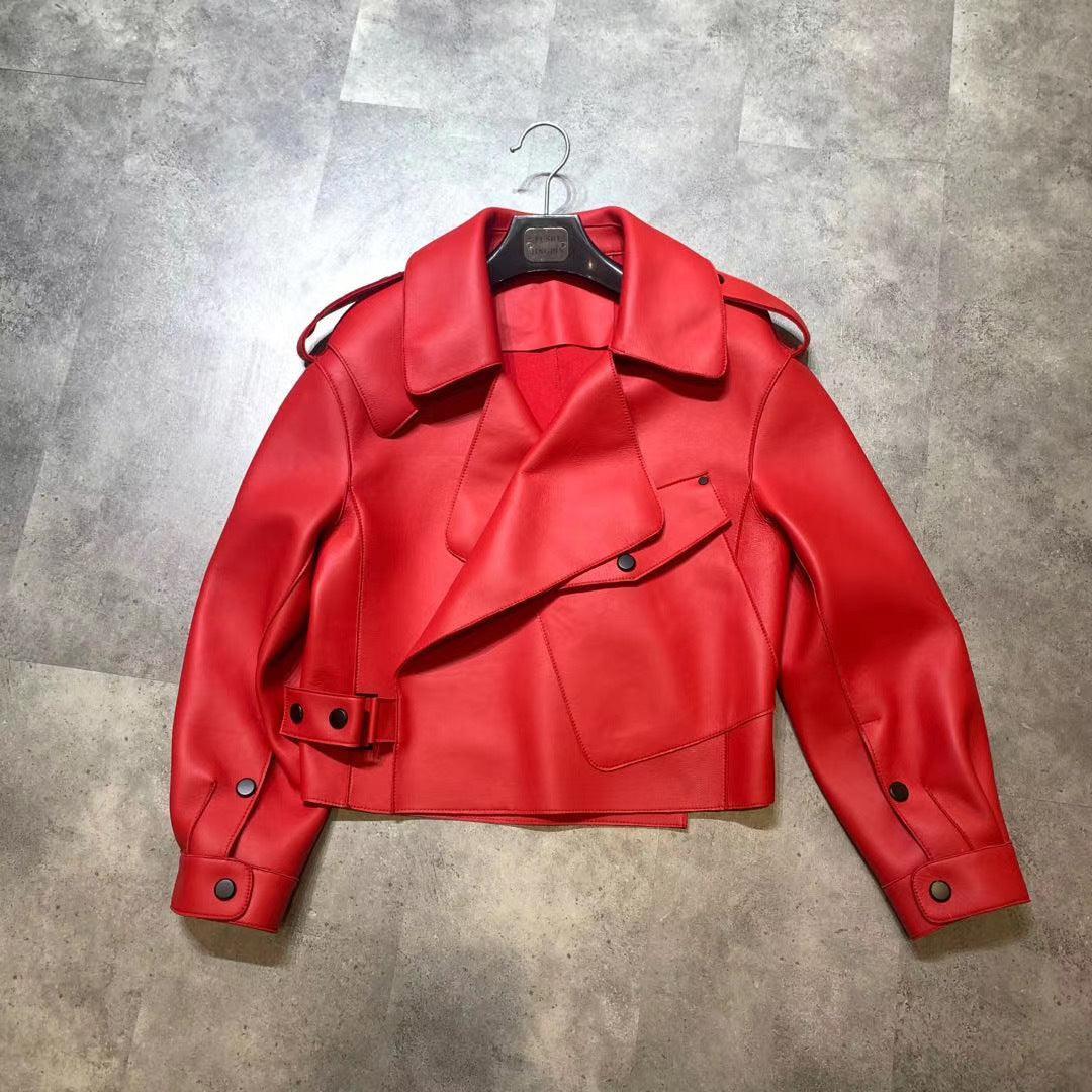 Genuine Sheepskin Leather Short Jacket - MRC STORETopMRC STOREA red genuine leather short jacket for women displayed on a hanger.MRC STORECJYD216257912LORedL