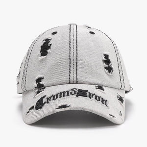 Black adjustable cotton dome hat with ripped letter print embroidery, matching accessories cap from My Store.