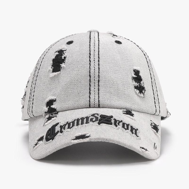 Black adjustable cotton dome hat with ripped letter print embroidery, matching accessories cap from My Store.