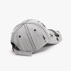 Black adjustable cotton dome hat with ripped letter print embroidery, matching accessories cap, stylish and casual headwear.