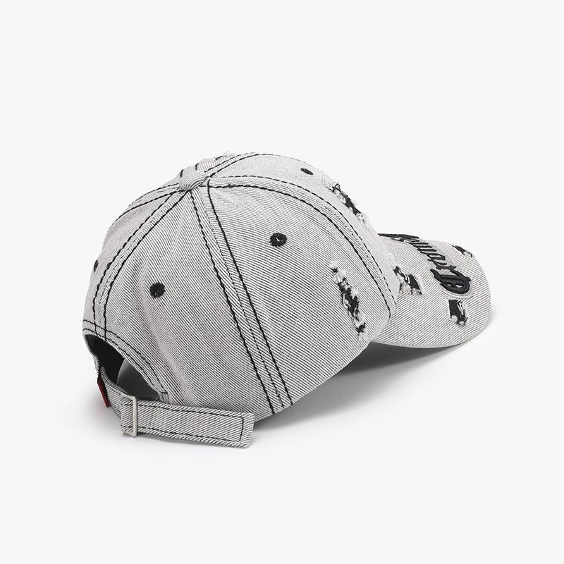 Black adjustable cotton dome hat with ripped letter print embroidery, matching accessories cap, stylish and casual headwear.