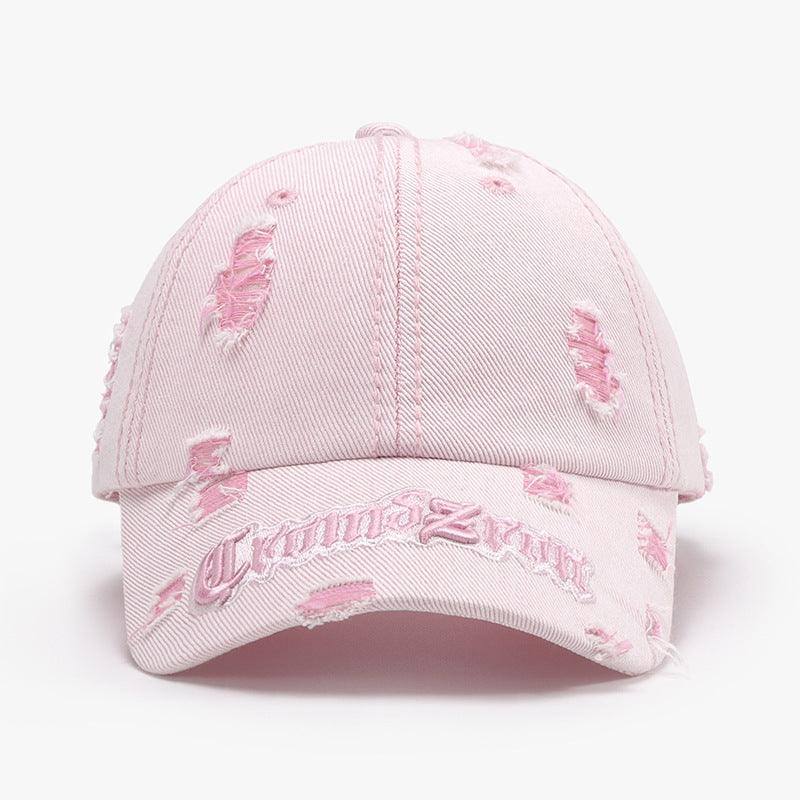 Black adjustable cotton dome hat with ripped letter print embroidery, matching accessories cap for casual style.